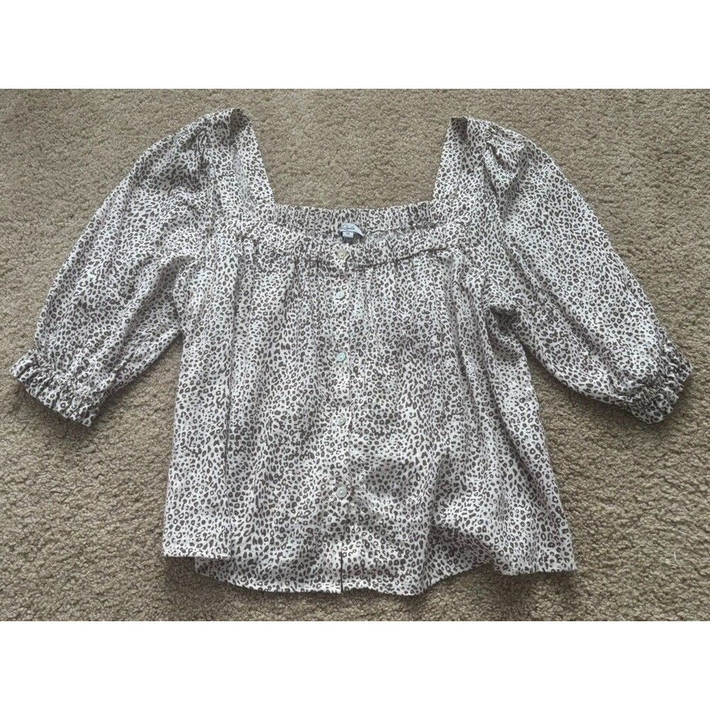 Rails Leopard Animal Print Blouse XS Puff Sleeve Casual Top Button Front